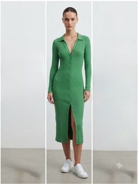 stradivarius Green Ribbed Button-Front Midi Dress